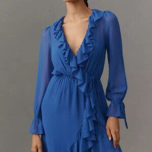 By Anthropologie Long-Sleeve Ruffled Asymmetric Midi Dress EUC